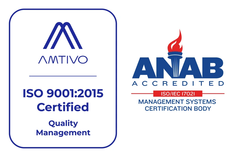 ISO 9001:2015 certificate issued by AMTIVO, ANAB accredited — opens the certificate as a PDF